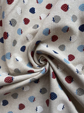 Load image into Gallery viewer, Red and blue strawberries hessian/linen heavyweight fabric - 1/2mtr