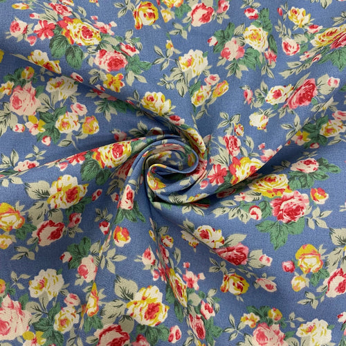 Dusky blue vintage floral cotton fabric - 1/2 metre