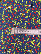 Load image into Gallery viewer, Navy strawberries and bees cotton fabric - 1/2 metre