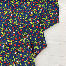 Load image into Gallery viewer, Navy strawberries and bees cotton fabric - 1/2 metre