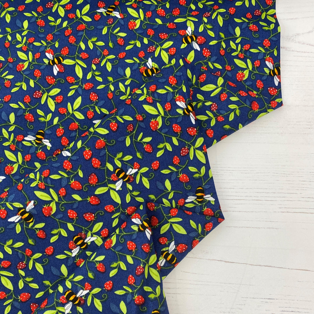 Navy strawberries and bees cotton fabric - 1/2 metre