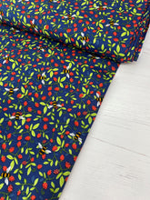 Load image into Gallery viewer, Navy strawberries and bees cotton fabric - 1/2 metre