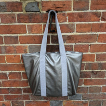 Load image into Gallery viewer, Faux leather silver tote bag Handmade Sample