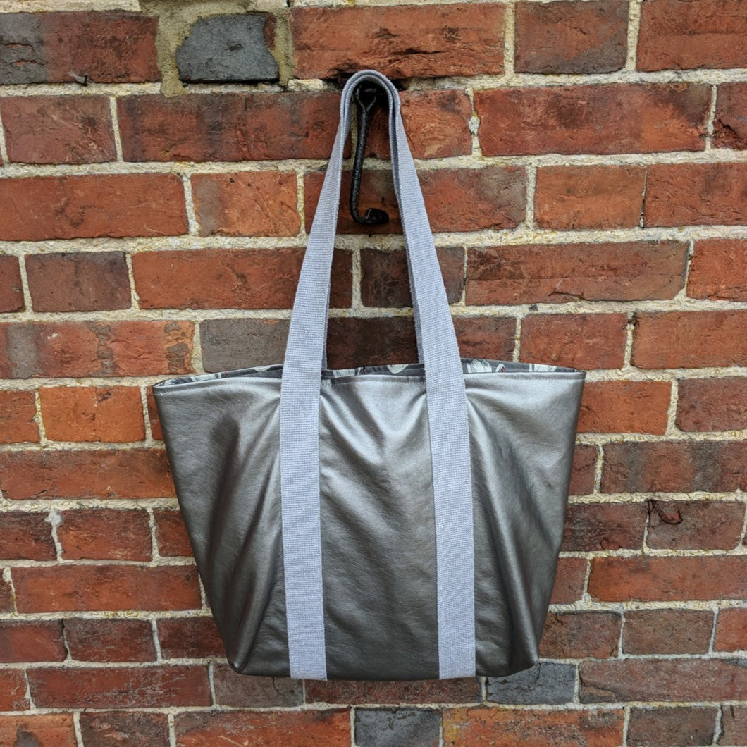 Faux leather silver tote bag Handmade Sample
