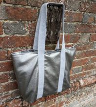 Load image into Gallery viewer, Faux leather silver tote bag Handmade Sample
