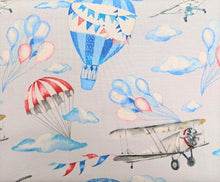 Load image into Gallery viewer, Gorgeous cotton fabric with a hot air balloon and planes print