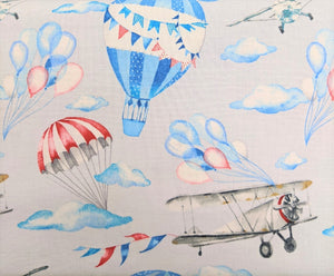 Gorgeous cotton fabric with a hot air balloon and planes print