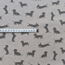 Load image into Gallery viewer, Sausage dog print on linen/hessian fabric - 1/2mtr