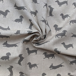 Sausage dog print on linen/hessian fabric - 1/2mtr