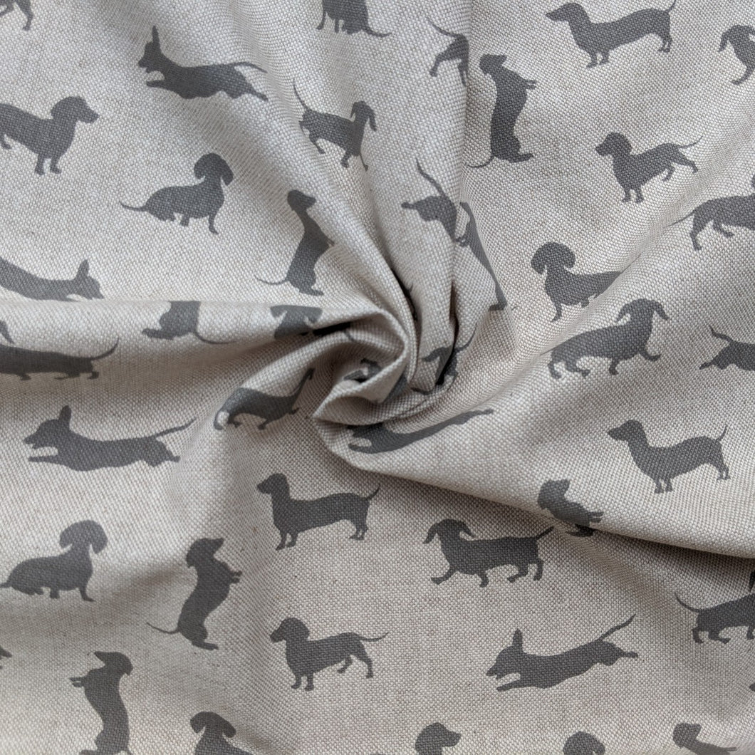 Sausage dog print on linen/hessian fabric - 1/2mtr