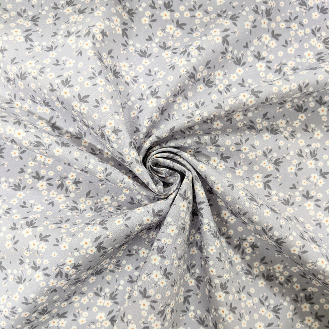 Silver grey floral cotton fabric - 1/2 metre