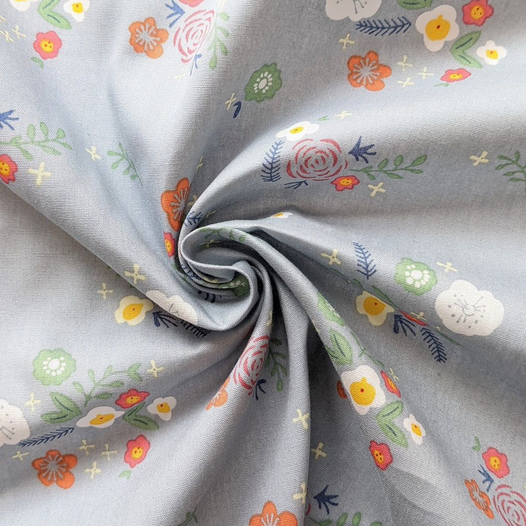 Grey colourful floral cotton fabric (wide) - 1/2 mtr