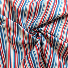 Load image into Gallery viewer, Nautical blue and red stripe cotton fabric - 1/2 mtr