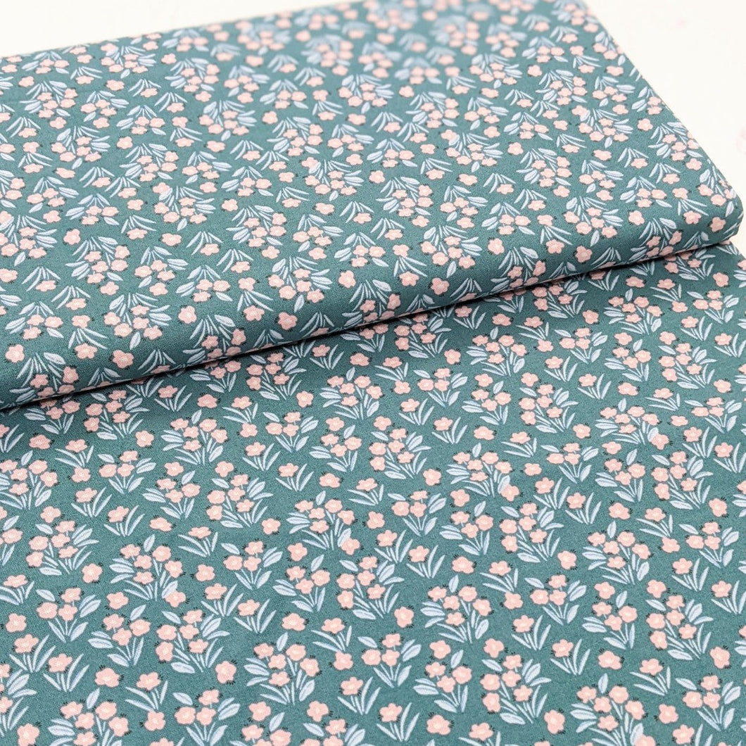 Teal and peach flowers cotton fabric - 1/2 mtr