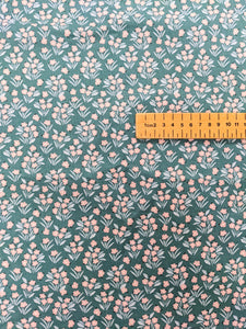 Teal and peach flowers cotton fabric - 1/2 mtr