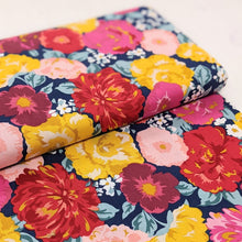 Load image into Gallery viewer, Large bright floral on navy cotton fabric - 1/2 mtr