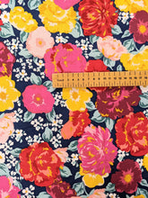 Load image into Gallery viewer, Large bright floral on navy cotton fabric - 1/2 mtr