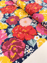 Load image into Gallery viewer, Large bright floral on navy cotton fabric - 1/2 mtr