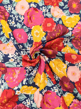 Load image into Gallery viewer, Large bright floral on navy cotton fabric - 1/2 mtr