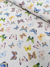 Load image into Gallery viewer, Colourful butterfly print hessian/linen heavyweight fabric - 1/2mtr