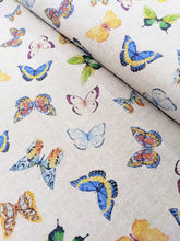 Load image into Gallery viewer, Colourful butterfly print hessian/linen heavyweight fabric - 1/2mtr