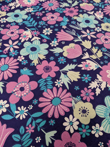 Aqua and pink floral or raindrop cotton fabric - 1/2 mtr