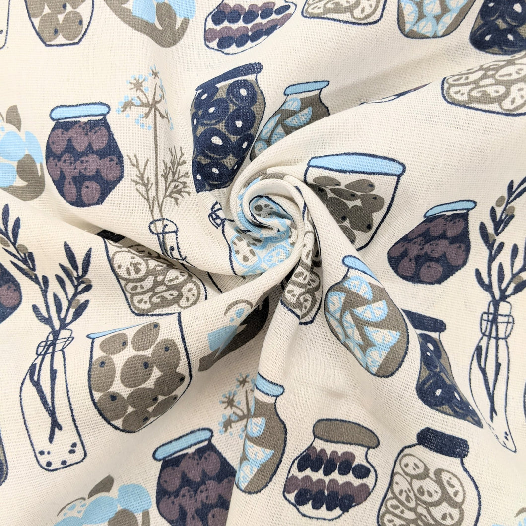 Blue jars print hessian heavyweight fabric 1 2mtr owl and