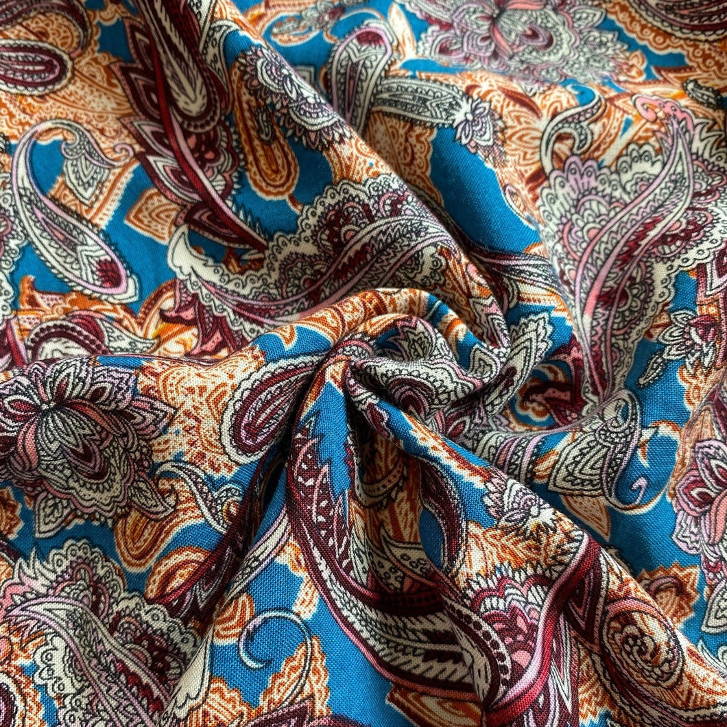 Teal paisley print viscose fabric - 1/2mtr