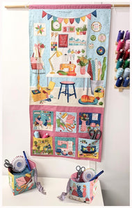 Sewing room wall hanging organiser and storage boxes sewing kit