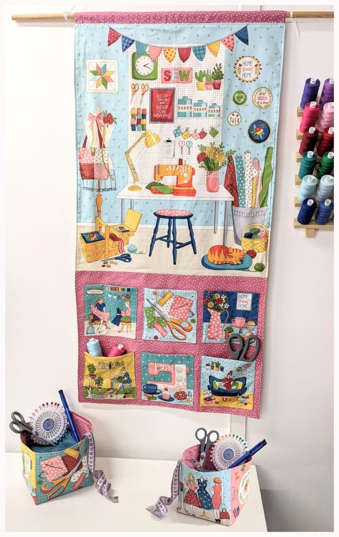 Sewing room wall hanging organiser and storage boxes sewing kit