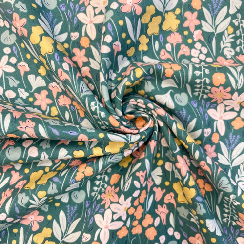 Sage green colourful flowers cotton fabric - 1/2 mtr